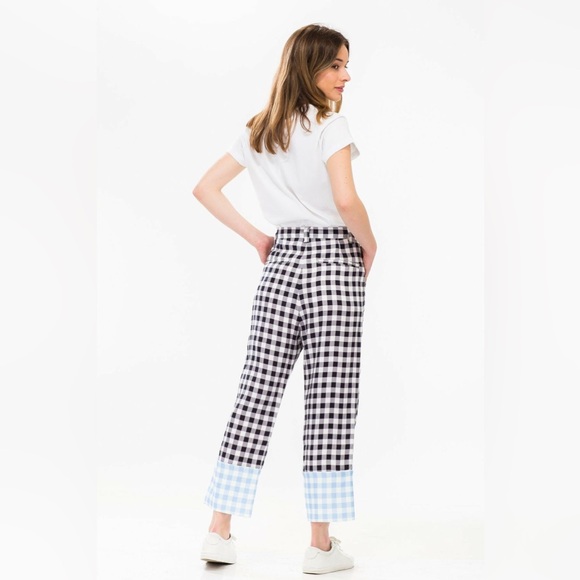 Lee Mathews Gingham Contrast Color Linen Cropped Pants - Picture 2 of 9